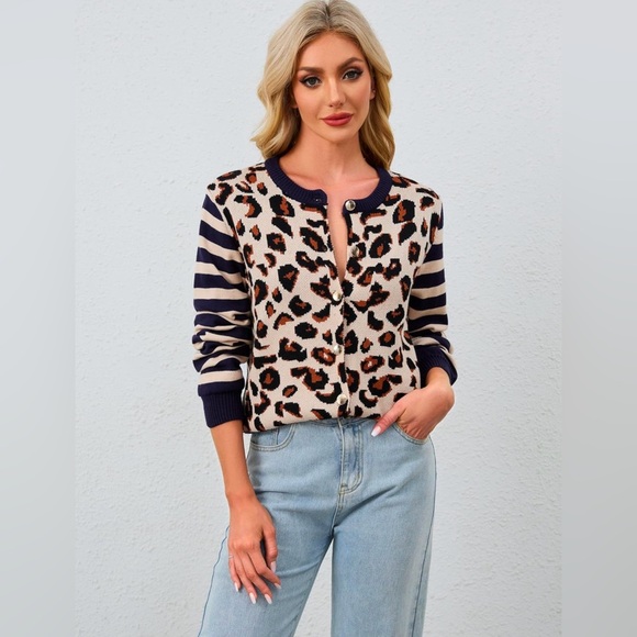 New Women's Striped Leopard Cardigan Button Down Knit - Picture 2 of 3